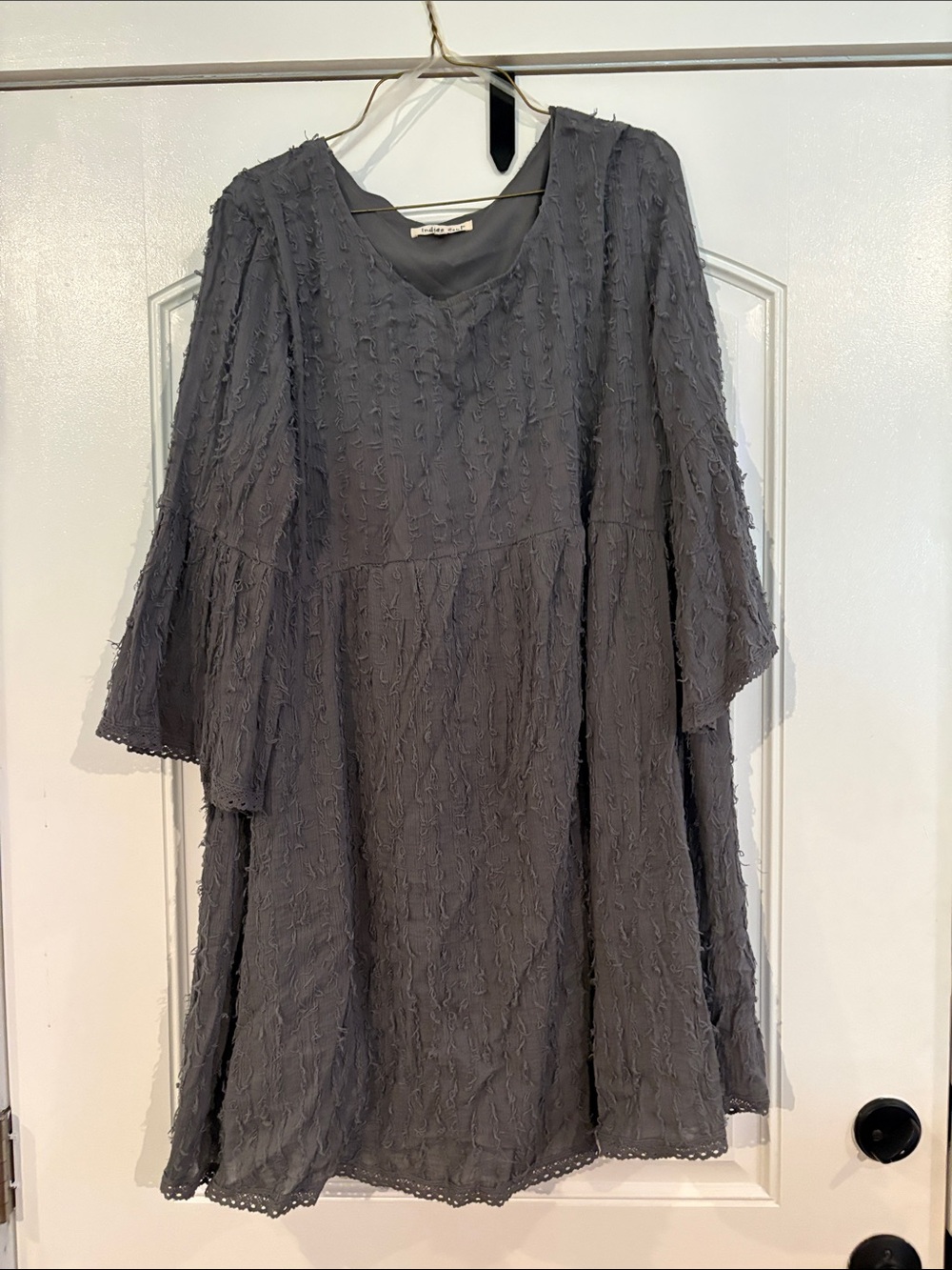 indigo soul Charcoal Gray Textured V-Neck Long Sleeve Tunic Dress